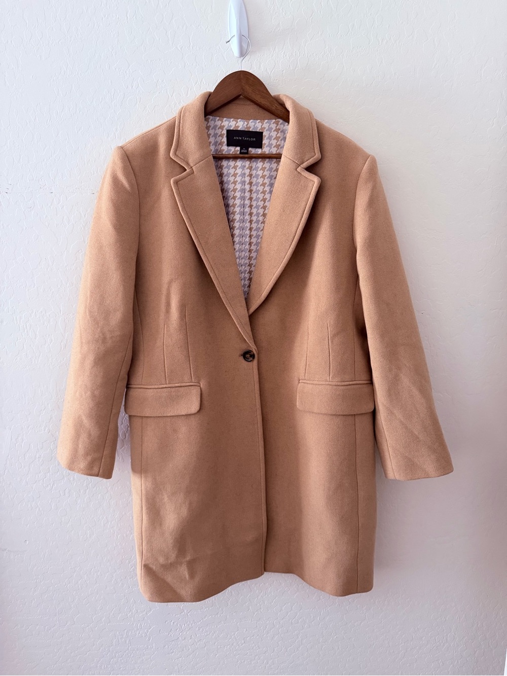 Ann Taylor Wool Blend Camel Coat Blazer XL Houndstooth Lined Longline Women’s